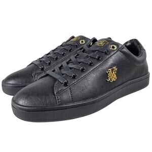 SIKSILK Elite Patent Black Leather Gold Logo Lace Up Sneakers Shoes UK8 US9 EU42